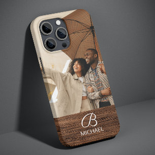 Funda Para iPhone 13 Monograma Foto Madera de grano Nombre personalizad