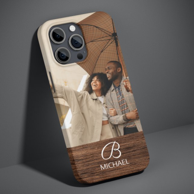 Funda De Case-Mate Para iPhone Monograma Foto Madera de grano Nombre personalizad (Subido por el creador)