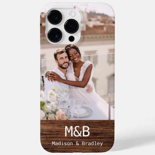 Funda De Case-Mate Para iPhone Monograma Foto Pareja Madera Nombre Personalizado (Reverso)