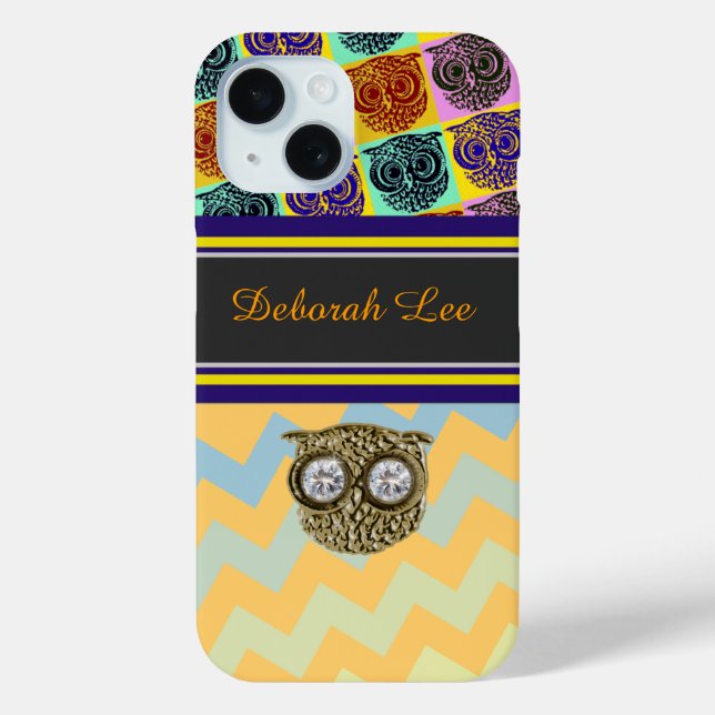 Funda De Case-Mate Para iPhone Monograma, franjas y lechuzas (Reverso )