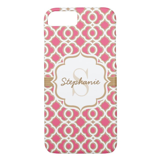 Funda De Case-Mate Para iPhone Monograma Fuchsia y Quatrefoil dorado (Reverso)