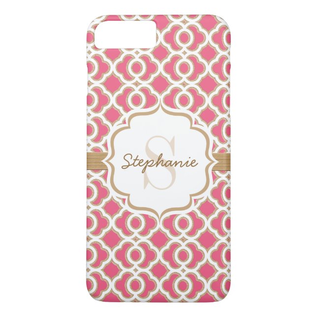 Funda De Case-Mate Para iPhone Monograma Fuchsia y Quatrefoil dorado (Reverso)