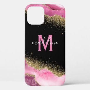 Funda Para iPhone 12 Monograma Geode rosado Agate Gold Purpurina