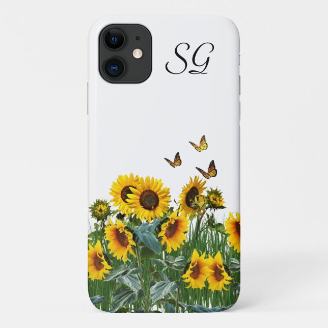 Funda De Case-Mate Para iPhone Monograma girasoles y mariposas floral (Reverso)