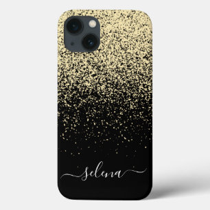 Funda Para iPhone 13 Monograma Girly Purpurina negro y dorado