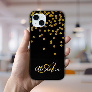 Funda Para iPhone 15 Mini Monograma Glam de Letra Cursiva con Brillo de Oro 