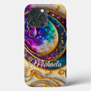 Funda Para iPhone 13 Pro Monograma Glam Modern Aqua & Purple Purpurina