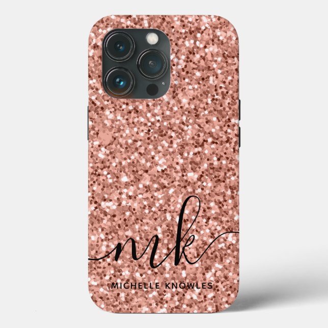 Funda De Case-Mate Para iPhone Monograma Glitter Rosa Oro Moderno de Moda (Reverso )