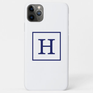 Funda Para iPhone 11 Pro Max Monograma inicial con marco azul de la marina blan