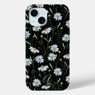 Funda Para iPhone 15 Monograma Inicial de Margarita Blanca en Acuarela