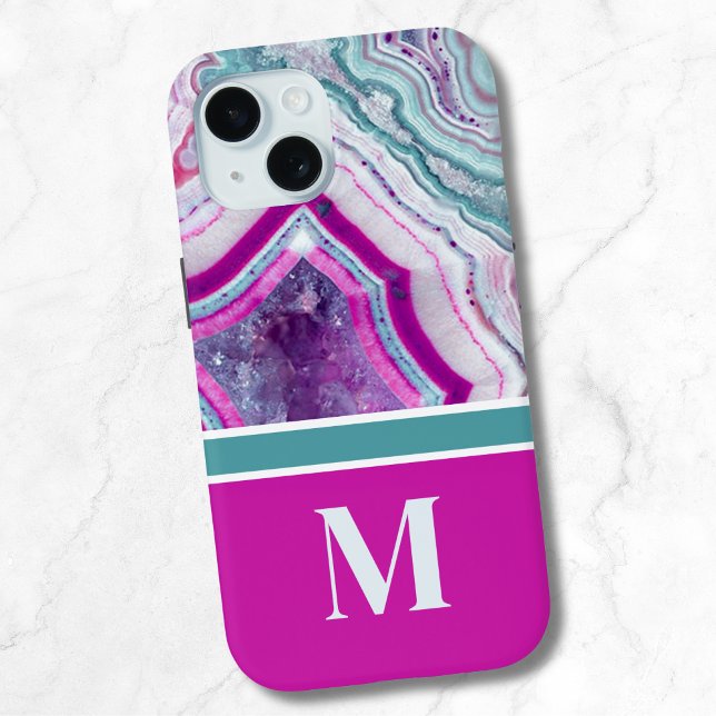 Funda De Case-Mate Para iPhone Monograma inicial de piedra moderna (Stylish Modern Teal Magenta Stone Initial Monogram iPhone 15 Case)