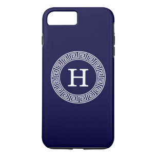 Funda Para iPhone 8 Plus/7 Plus Monograma inicial del marco de la llave griega azu