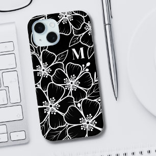 Funda Para iPhone 15 Monograma Inicial Floral Blanco Negro