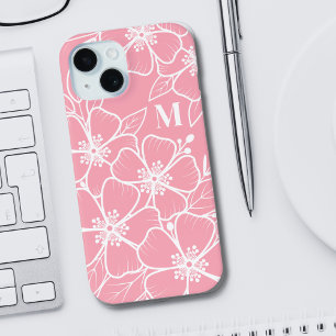Funda Para iPhone 15 Monograma Inicial Floral Blanco Rosa