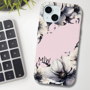 Funda Para iPhone 15 Monograma Inicial Floral Rosa Sonrojado