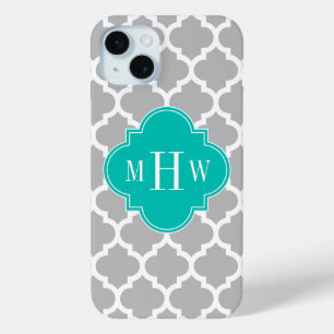 Funda Para iPhone 15 Mini Monograma inicial gris blanco marroquí #5 Verde az
