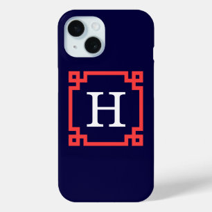 Funda Para iPhone 15 Monograma inicial Navy, Coral Rojo Greek Key Frame