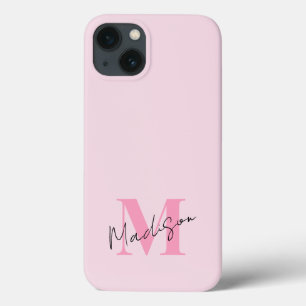 Funda Para iPhone 13 Monograma inicial rosado mínimo moderno