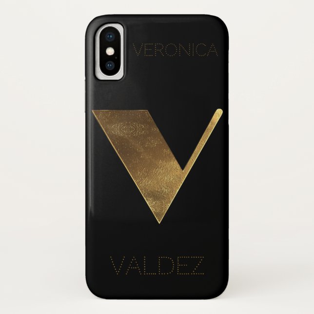 Funda De Case-Mate Para iPhone Monograma inicial V dorado negro monogramado (Reverso)