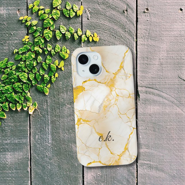 Funda De Case-Mate Para iPhone Monograma Iniciales de mármol blanco amarillo dora (Monogram Initials name gold yellow white marble iPhone case.)