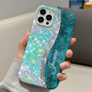 Funda Para iPhone 13 Monograma iridiscente turquesa falso brillante lin
