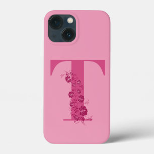 Funda Para iPhone 13 Mini Monograma Letra rosa floral T Estuche para iPhone