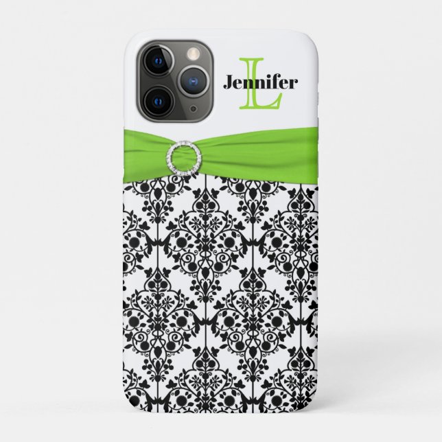 Funda De Case-Mate Para iPhone Monograma Lime Black White Damask (Reverso)