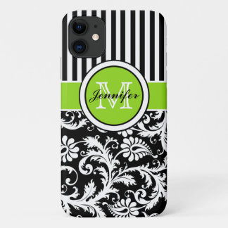 Funda Para iPhone 11 Monograma Lime Blanco Blanco Rayado Damask iPhone 