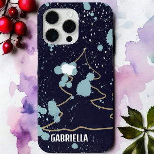 Funda Para iPhone 15 Pro Max Monograma lindo azul marino dorado blanco árbol de