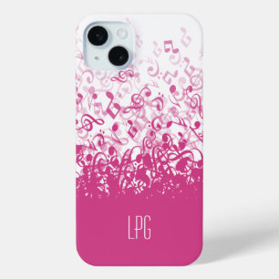Funda Para iPhone 15 Mini Monograma Lluvia Notas musicales Fuchsia Pink