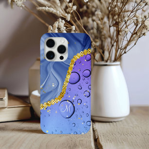 Funda Para iPhone 15 Pro Max Monograma M Glam Gold Azul y Morado Gotitas