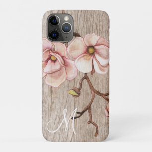 Funda Para iPhone 11 Pro Monograma maderero con magnolias rosadas