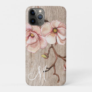 Funda Para iPhone 11 Pro Monograma maderero con magnolias rosadas
