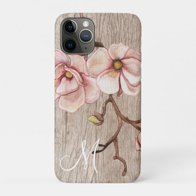Funda De Case-Mate Para iPhone Monograma maderero con magnolias rosadas (Reverso)