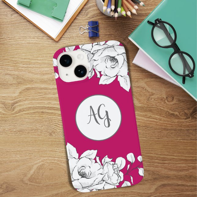 Funda De Case-Mate Para iPhone Monograma magenta floral blanco (Subido por el creador)