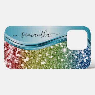 Funda Para iPhone 13 Pro Monograma Manuscrita Arcoiris Purpurina 