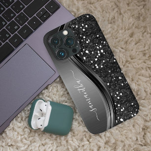 Funda Para iPhone 12 Monograma Manuscrita Elegante Brillante Metal Negr