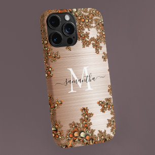 Funda Para iPhone 12 Monograma Manuscrito Metálico Floral Cobre