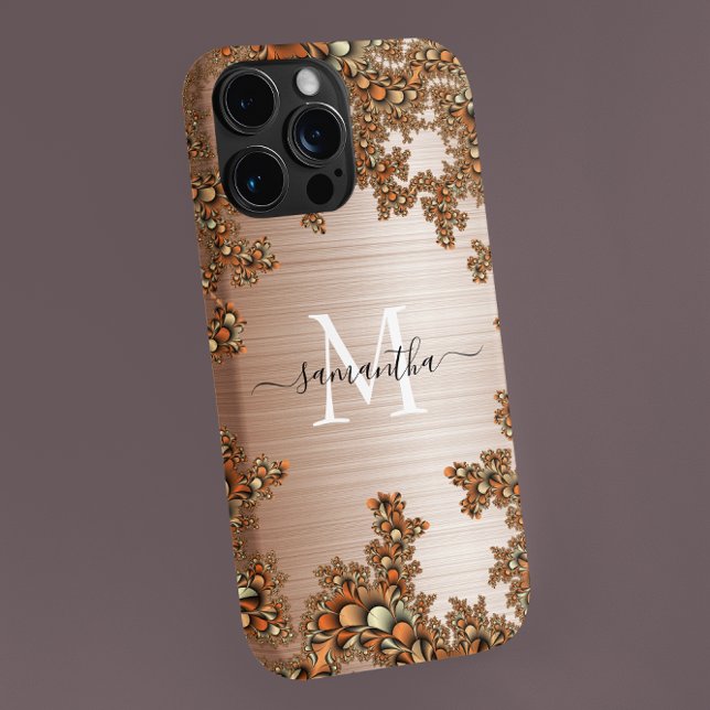 Funda De Case-Mate Para iPhone Monograma Manuscrito Metálico Floral Cobre (Subido por el creador)