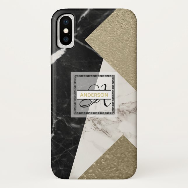 Funda De Case-Mate Para iPhone Monograma Mármol Negro Gris Purpurina Oro Geométri (Reverso)