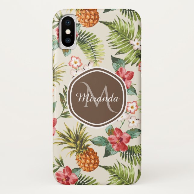 Funda De Case-Mate Para iPhone Monograma marrón floral de piña tropical exótica (Reverso)