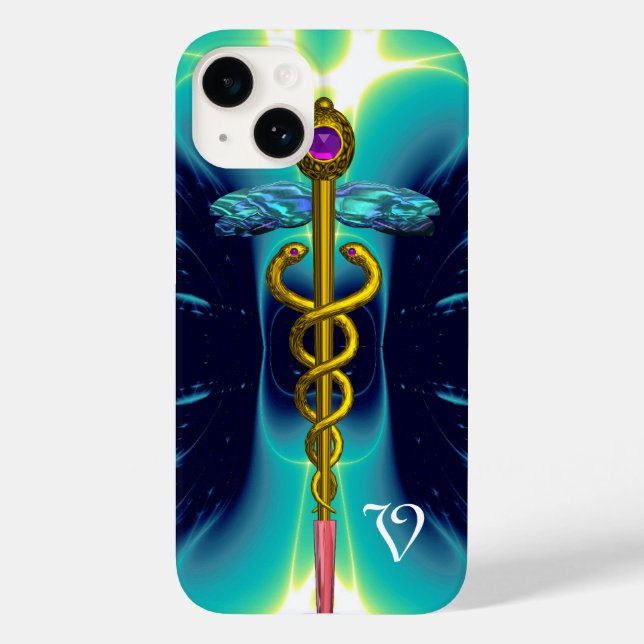 Funda De Case-Mate Para iPhone MONOGRAMA MÉDICO CADUCEUS DE ORO Azul turquesa (Reverso )