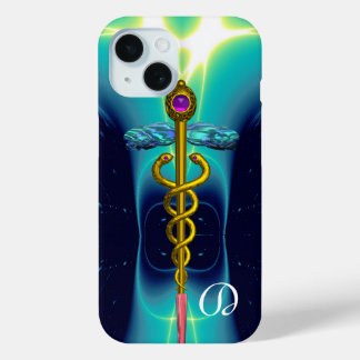 Funda Para iPhone 15 MONOGRAMA MÉDICO CADUCEUS ORO, azul Aqua Verde azu