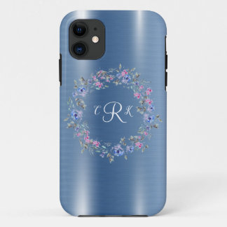 Funda Para iPhone 11 Monograma metálico Floral Azul Girly