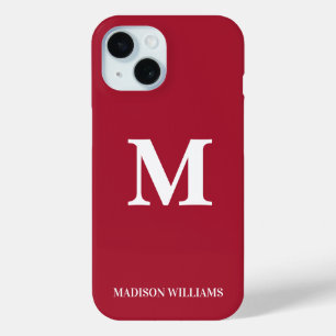 Funda Para iPhone 15 Monograma minimalista Borgoña Blanco inicial moder