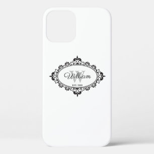 Funda Para iPhone 12 Monograma minimalista de damasco blanco y negro
