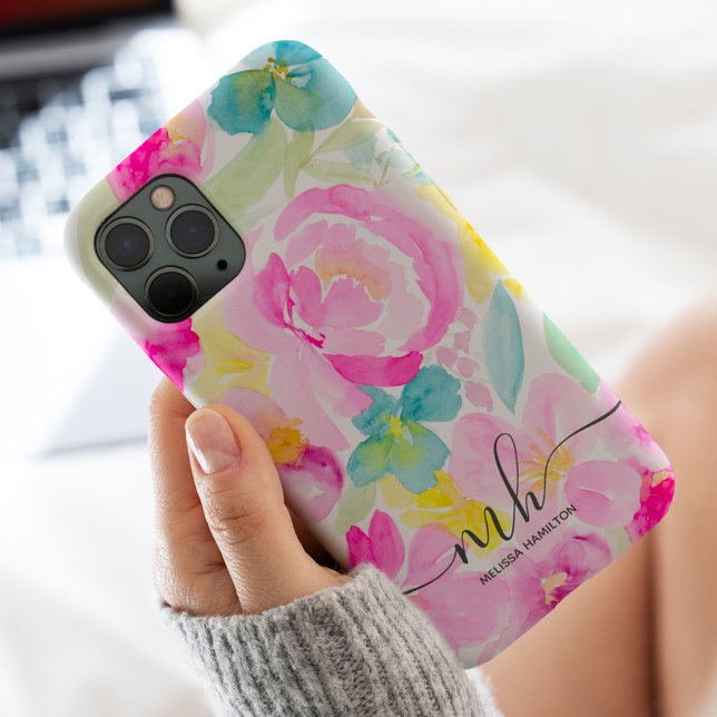 Funda De Case-Mate Para iPhone Monograma moderno de acuarela floral floja rosa (Modern girly pink loose floral watercolor monogram Case-Mate iPhone case)