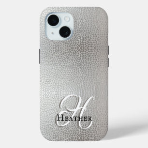 Funda Para iPhone 15 Monograma moderno de cuero falso plateado Nombre i