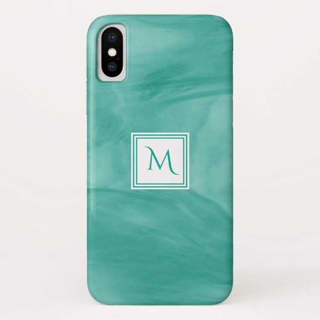 Funda De Case-Mate Para iPhone Monograma moderno de mármol verde sutil Verde azul (Reverso)