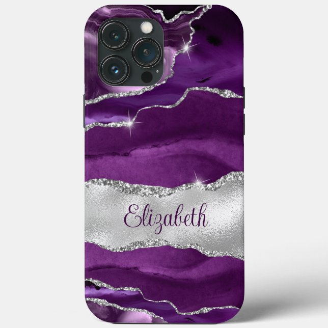 Funda De Case-Mate Para iPhone Monograma moderno de morado y plateado agate (Reverso )